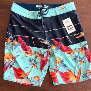 Billabong Men's Floral Board Shorts - Teal and Red